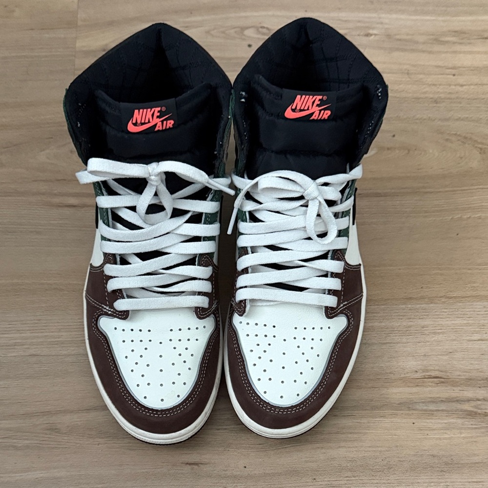 Nike Air High-Top Sneakers — White, Brown, Black with Coral Logo